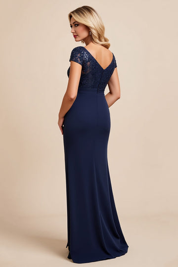 Navy Mermaid Satin Long Mother Of The Bride Dress With Slit